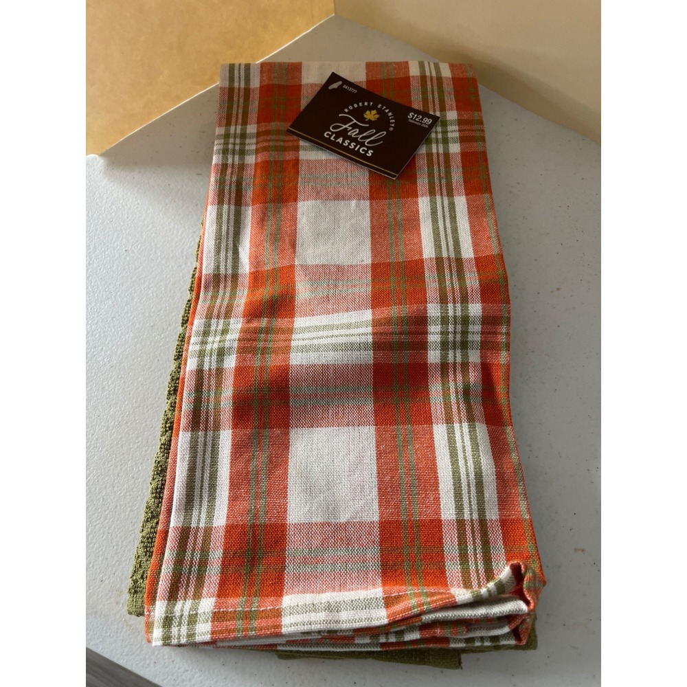 Robert Stanley Fall Classics Kitchen Towel Set Plaid Orange Green 2 Piece NWT